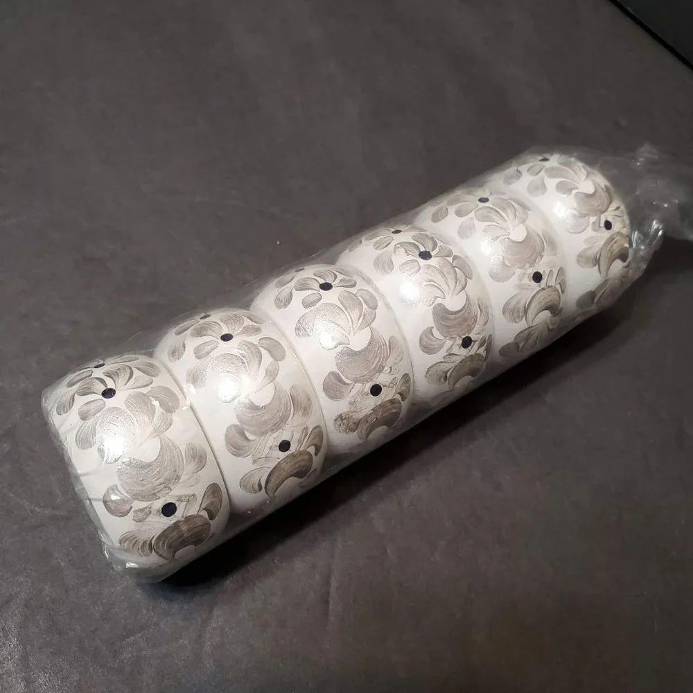 Painted Wooden Napkin Rings, Set of 6, NEW, White Silver Floral Hand Painted
